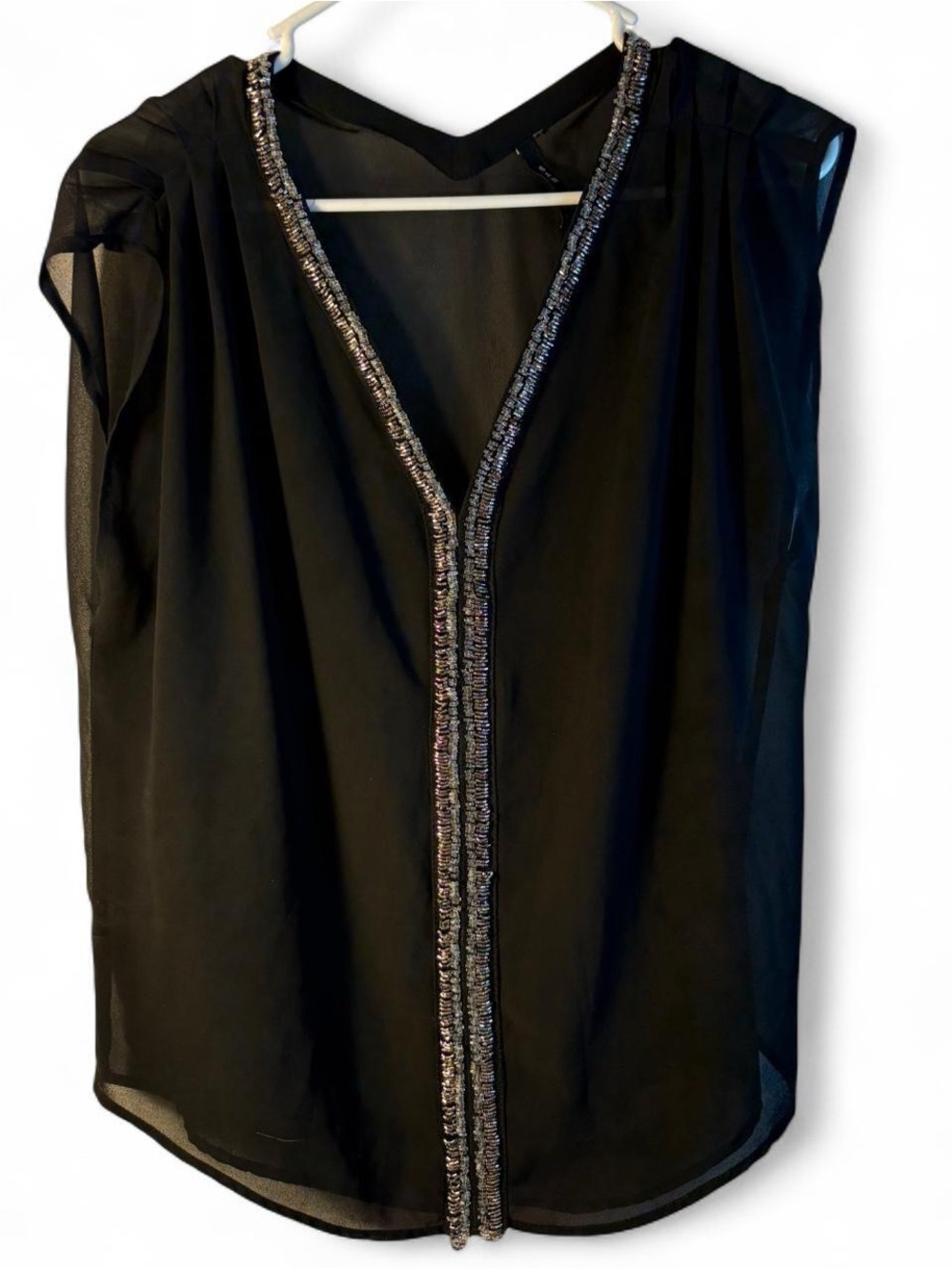San Joy Black Sleeveless V-Neck Beaded Trim Top